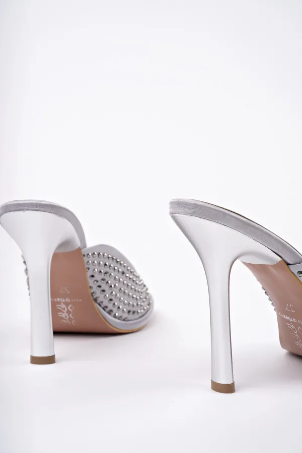 Muggo PUJA Küt Burun İnce Topuklu Taşlı Kadın Topuklu Terlik