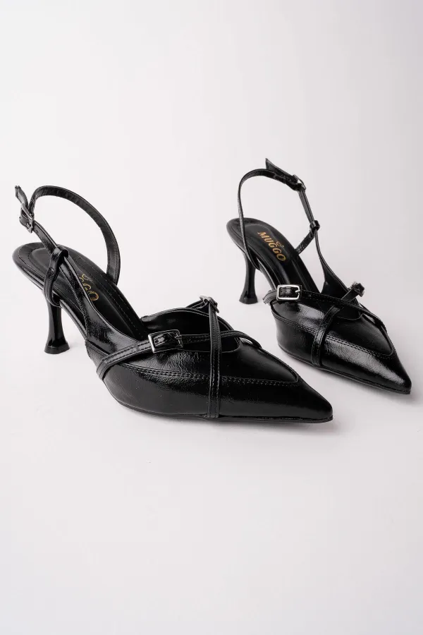 Muggo ICONS Pointed Toe Open Back Belt Detail Two Strap Women's High Heel Shoes