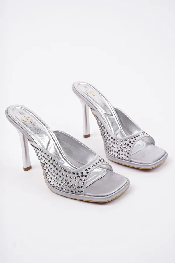 Muggo PUJA Küt Burun İnce Topuklu Taşlı Kadın Topuklu Terlik