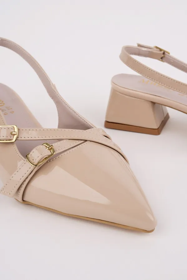 Muggo LUMINA Pointed Toe Open Back Belt Detail Two Strap Women's Low Heel Shoes