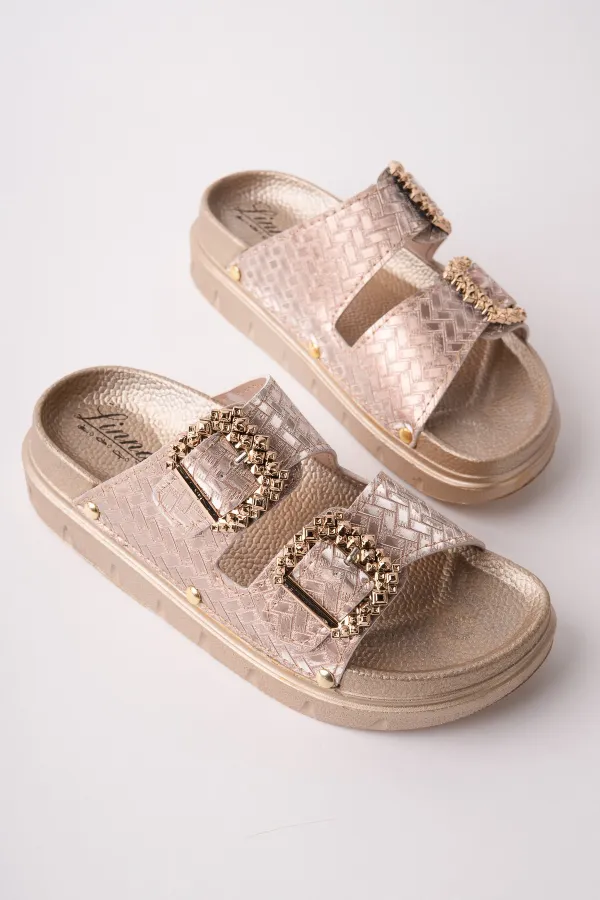 Muggo GLITZA Shiny Textured Double Buckle Casual Women's Slippers Muggo GLITZA Shiny Textured Double Buckle Casual Women's Slippers