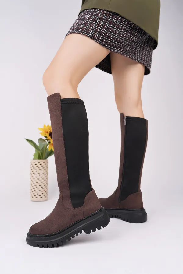 Bottes Muggo DIASA en daim à semelle épaisse et détails extensibles, fermeture éclair pour femmes