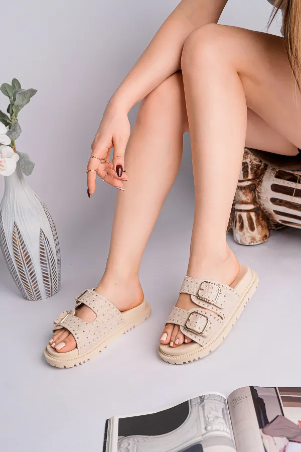 Muggo ESTİVA Ayarlanabilir Çift Tokalı Zımbalı Günlük Kadın Terlik