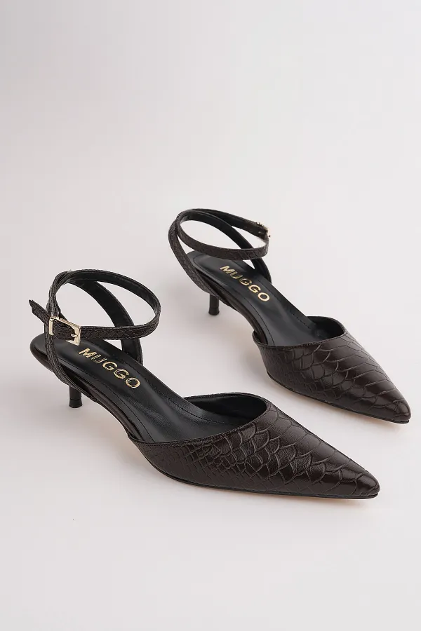 Muggo KICK Women's Crocodile Pattern Pointed Toe Thin Heel Ankle Strap Shoes