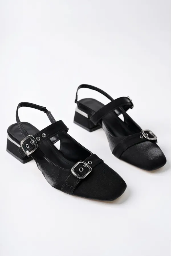 Muggo GİGİ Arkası Açık Küt Burun Çift Kemerli Kadın Günlük Klasik Kısa Topuklu Ayakkabı