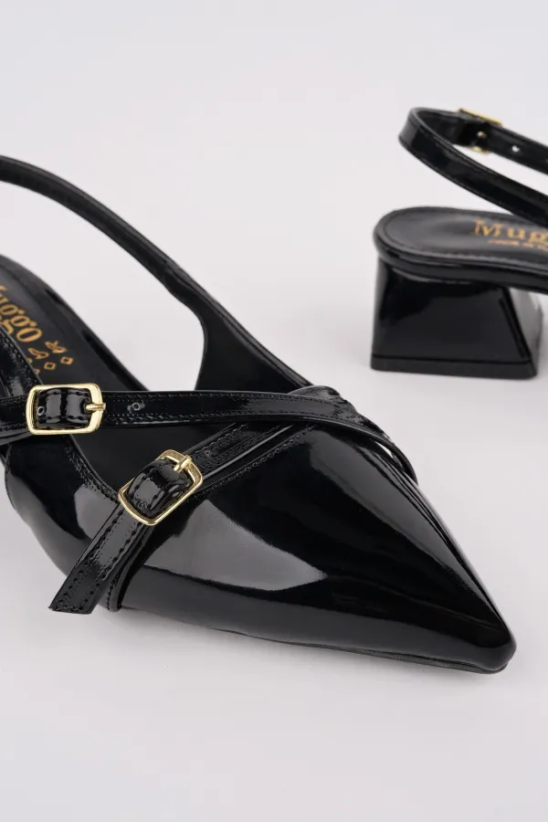 Muggo LUMINA Pointed Toe Open Back Belt Detail Two Strap Women's Low Heel Shoes