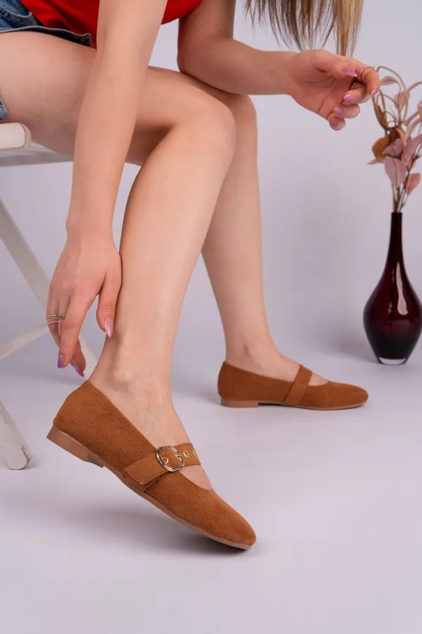 Muggo HALSEY Gold Tokalı Deri Kadın Babet Ayakkabı