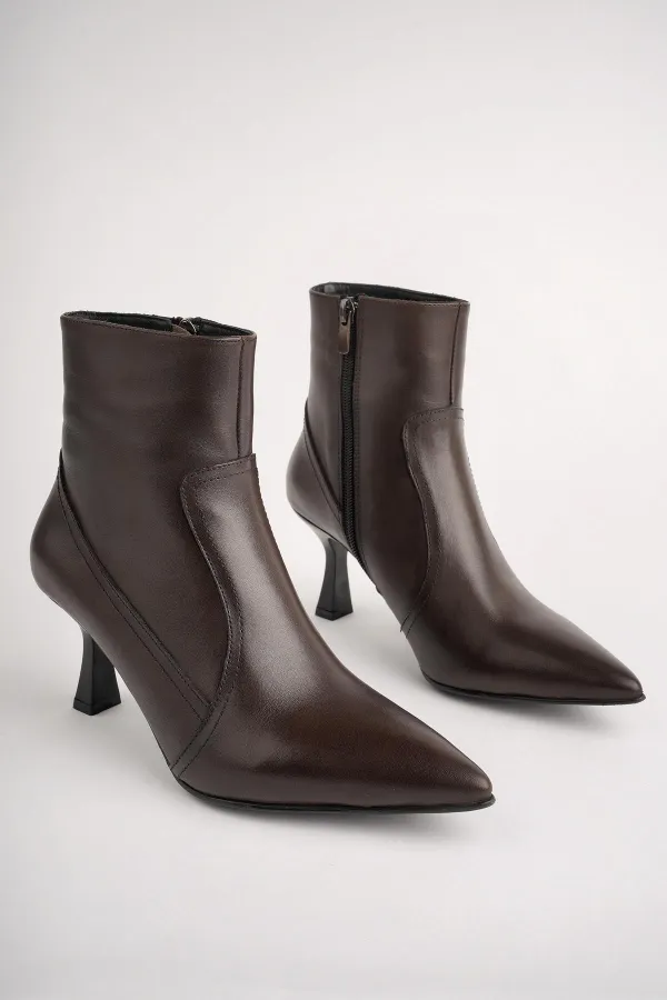 Muggo NATALİE Garantili Hakiki Deri Sivri Burun Fermuarlı İnce Topuklu Kadın Bot