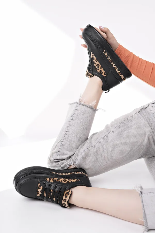Muggo ZARİNA Kadın Kalın Taban Leopar Desenli Bağcıklı Günlük Sneaker Spor Ayakkabı