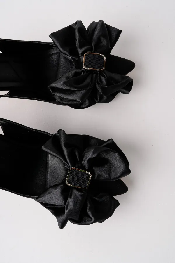 Muggo SISSY Satin Bow Buckle Pointed Toe Open Back Women's High Heels