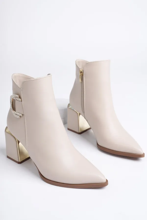 Muggo QADRA Guaranteed Pointed Toe Chunky Heel Women's Boot with Buckle Detail and Zipper