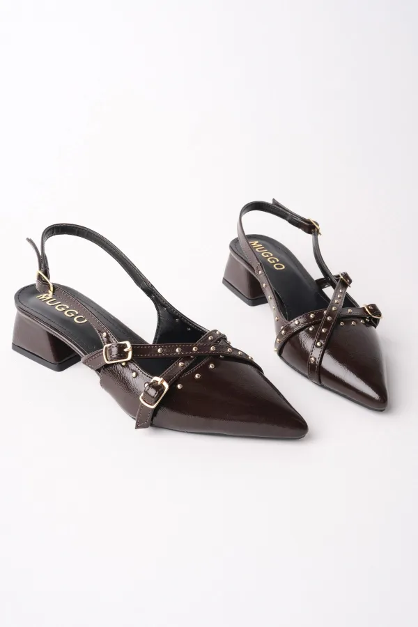 Chaussures à talons bas pour femmes Muggo JOLY, bout pointu et talon ouvert, avec accessoires métalliques