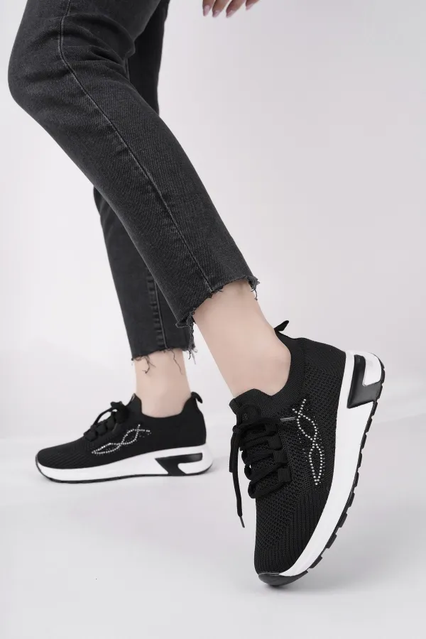 Chaussures de sport Muggo MARTHA pour femmes, à semelle épaisse, en maille décontractée et à lacets ornées de strass.