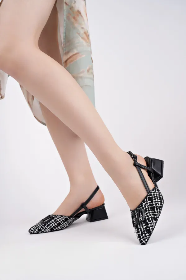 Muggo JUMANİ Sivri Burun Tokalı Arkası Açık Klasik Kısa Topuklu Kadın Ayakkabı