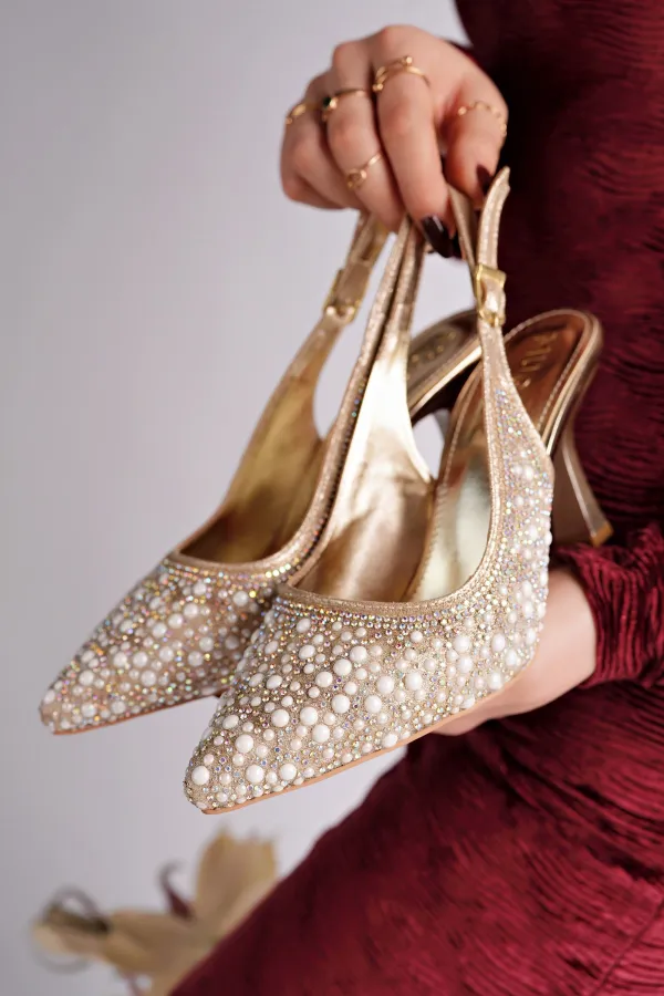 Chaussures habillées Muggo ELEGANT à talons hauts et talon ouvert, ornées de pierres et de perles