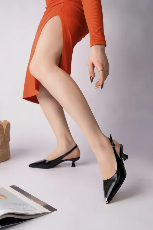 Muggo VUXIA Pointed Toe Metal Toe Detail Open Back Women's High Heel Shoes