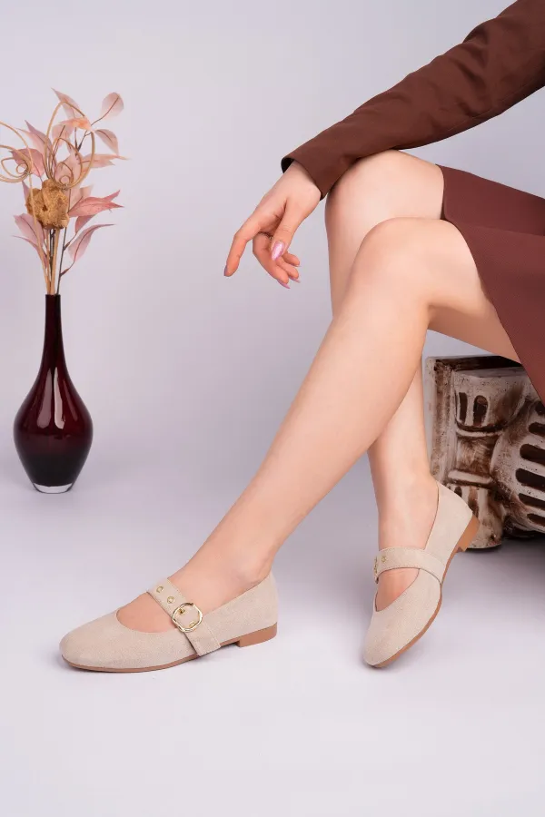 Muggo HALSEY Gold Tokalı Deri Kadın Babet Ayakkabı