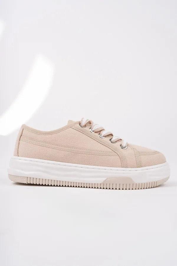 Muggo CARİNA Kalın Taban Keten Kumaş Bağcıklı Kadın Günlük Sneaker Spor Ayakkabı