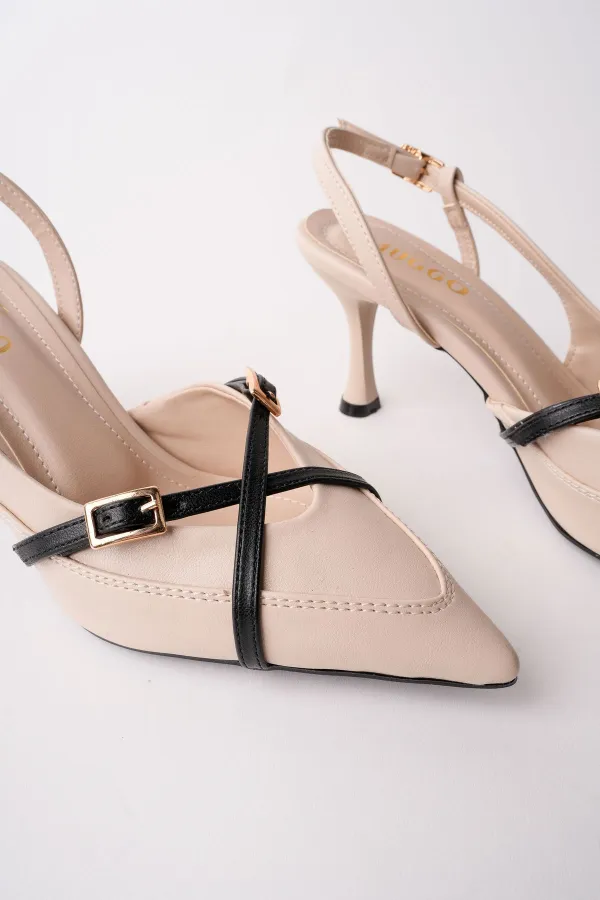 Chaussures à talons hauts pour femmes Muggo ICONS à bout pointu, talon ouvert et ceinture à deux brides