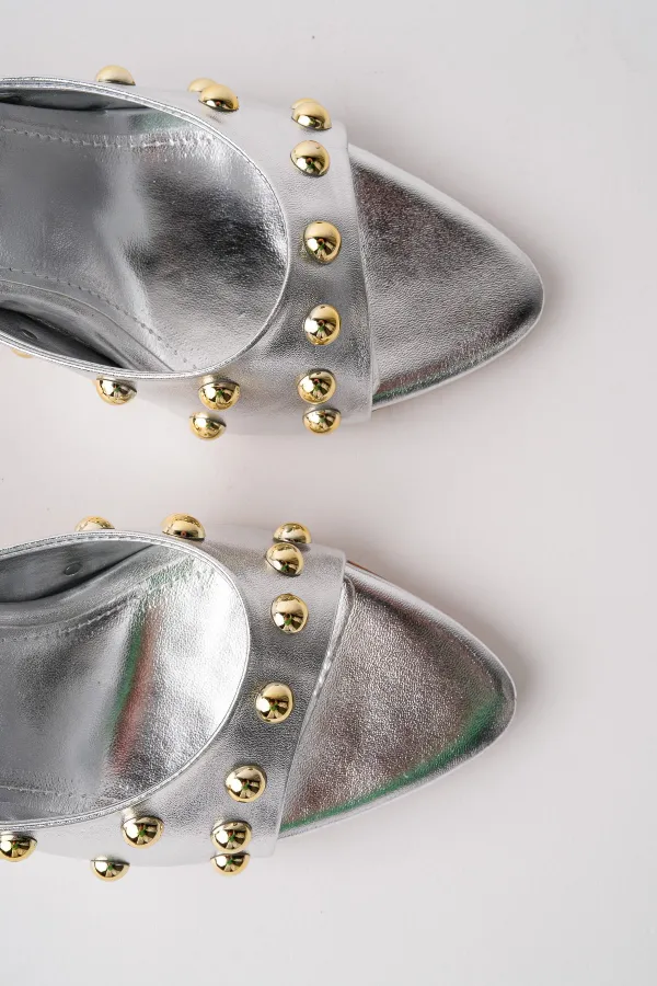 Muggo HELENA Women's Studded Pointed Toe Metal Detailed Stiletto Heeled Slippers