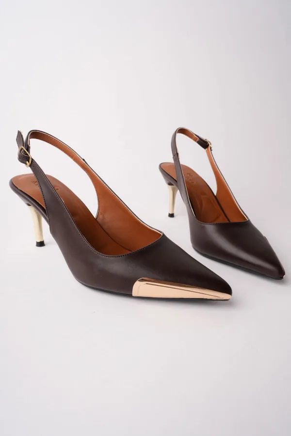 Muggo ZENITH Metal Toe Detail Pointed Toe Open Back Women's High Heel Shoes