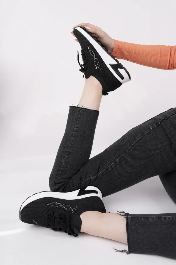 Muggo MARTHA Kadın Kalın Taban Günlük Triko Taşlı Bağcıklı Sneaker Spor Ayakkabı