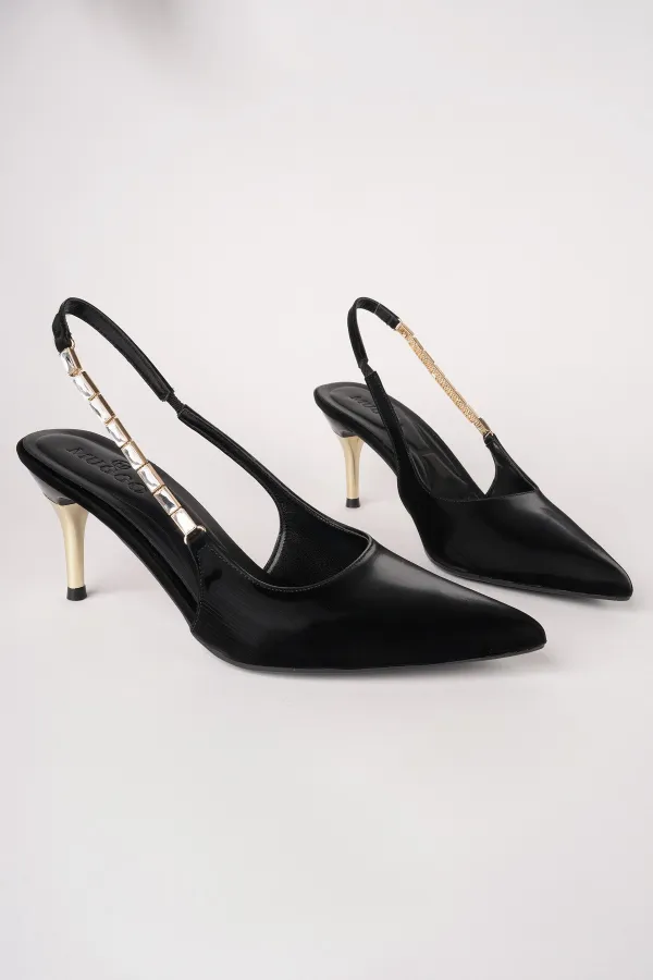 Muggo VİVARA Zincir Detaylı Sivri Burun Arkası Açık Kadın Topuklu Ayakkabı