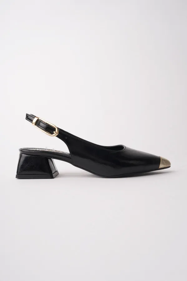 Muggo CHANCE Gold Pointed Toe Open Back Women's Low Heel Shoes with Toe Detail