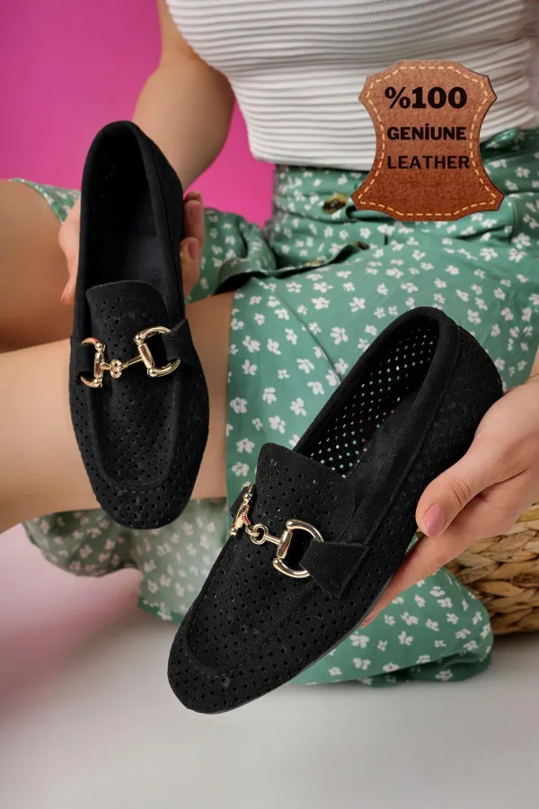Muggo PHUKET Guaranteed Metal Buckle Laser-Cut Breathable Leather Women's Loafer Casual Shoes Muggo PHUKET Guaranteed Metal Buckle Laser-Cut Breathable Leather Women's Loafer Casual Shoes