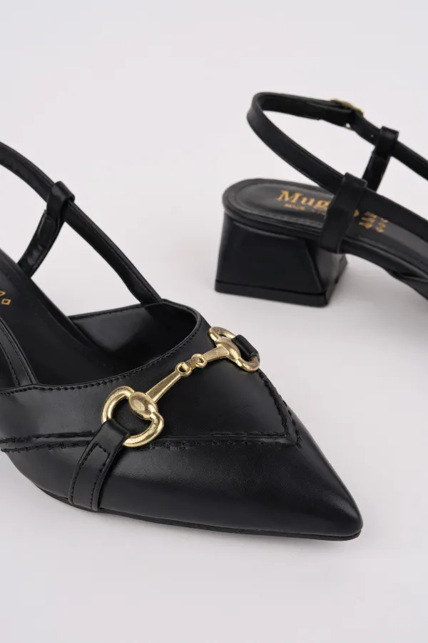 Muggo ELVIA Pointed Toe Open Back Women's Low Heel Shoes with Metal Accessories