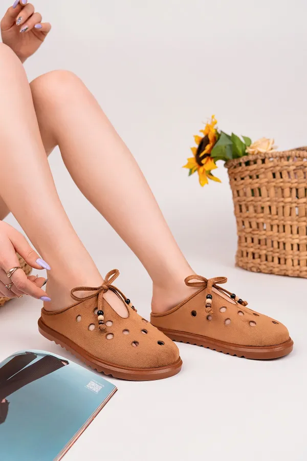 Muggo SHAMMY Suede Leather Perforated Lace-up Casual Closed Toe Women's Slippers Muggo SHAMMY Suede Leather Perforated Lace-up Casual Closed Toe Women's Slippers
