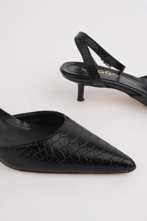 Muggo KICK Women's Crocodile Pattern Pointed Toe Thin Heel Ankle Strap Shoes