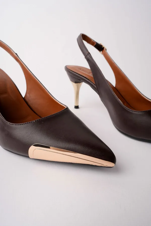 Muggo ZENITH Metal Toe Detail Pointed Toe Open Back Women's High Heel Shoes