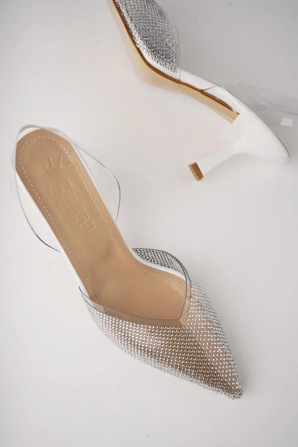 Muggo JULİET Garantili Kadın Sivri Burun Parlak Taşlı Arkası Açık Şeffaf Bantlı Topuklu Ayakkabı