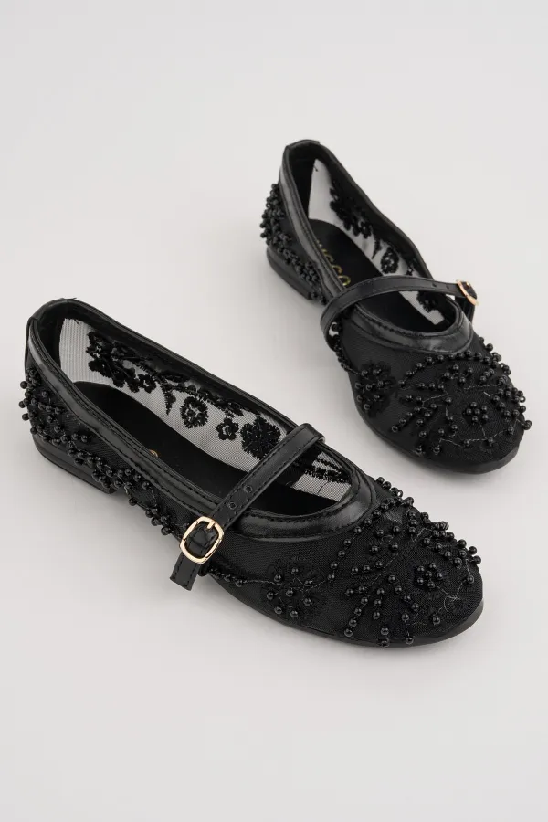 Muggo LACE Women's Mesh Detail Beaded Strappy Stylish Casual Ballet Flats Muggo LACE Women's Mesh Detail Beaded Strappy Stylish Casual Ballet Flats