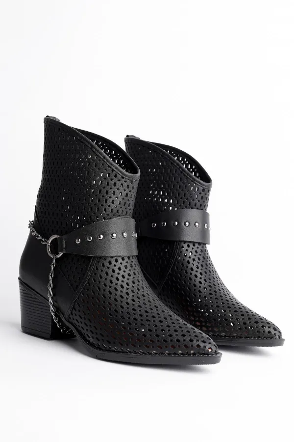 Bottes de cowboy d'été à talons pour femmes Muggo BURNING Guaranteed, ornées de chaînes découpées au laser et perforées.