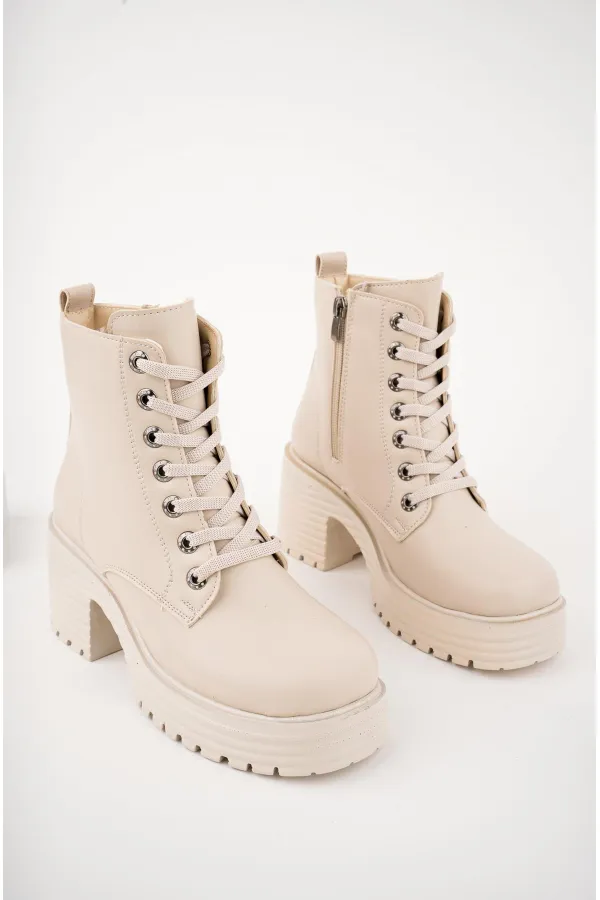 Muggo GRAZi Garantili Kalın Taban Platform Topuklu Fermuarlı Bağcıklı Kadın Bot