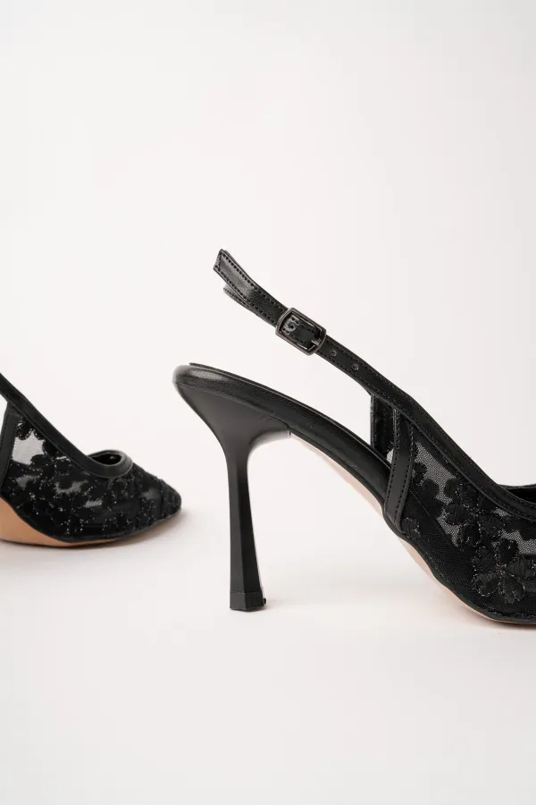 Chaussures habillées pour femmes Muggo ARIS à bout pointu et talon fin, ornées de dentelle