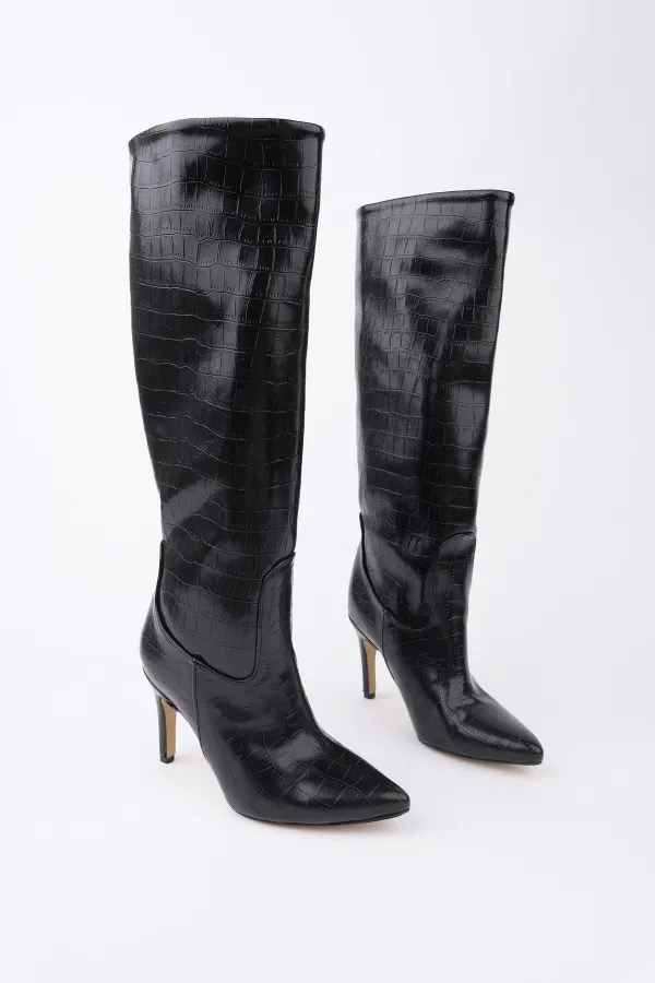 Bottes pour femmes Muggo CLARISSA à bout pointu et talon fin, motif crocodile