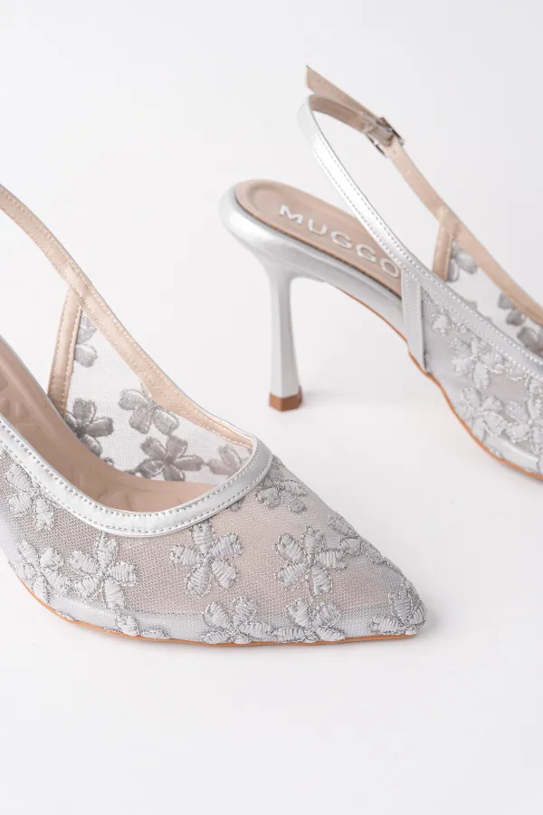 Chaussures habillées pour femmes Muggo ARIS à bout pointu et talon fin, ornées de dentelle