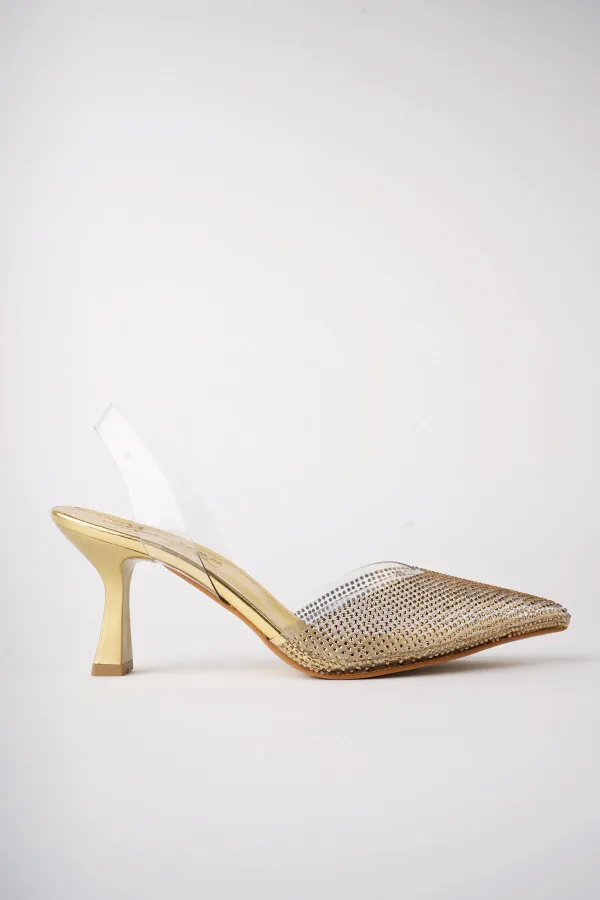 Muggo JULİET Garantili Kadın Sivri Burun Parlak Taşlı Arkası Açık Şeffaf Bantlı Topuklu Ayakkabı