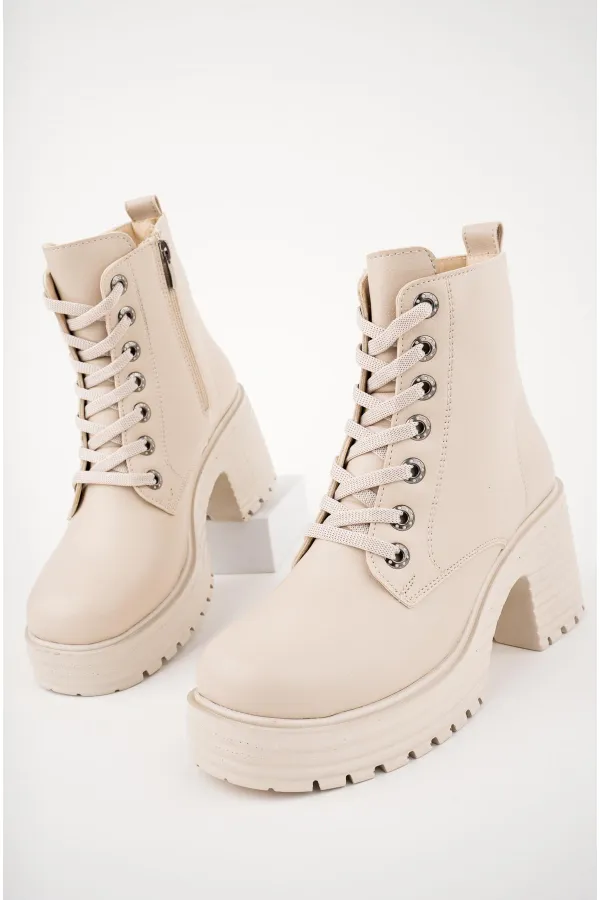 Muggo GRAZi Garantili Kalın Taban Platform Topuklu Fermuarlı Bağcıklı Kadın Bot