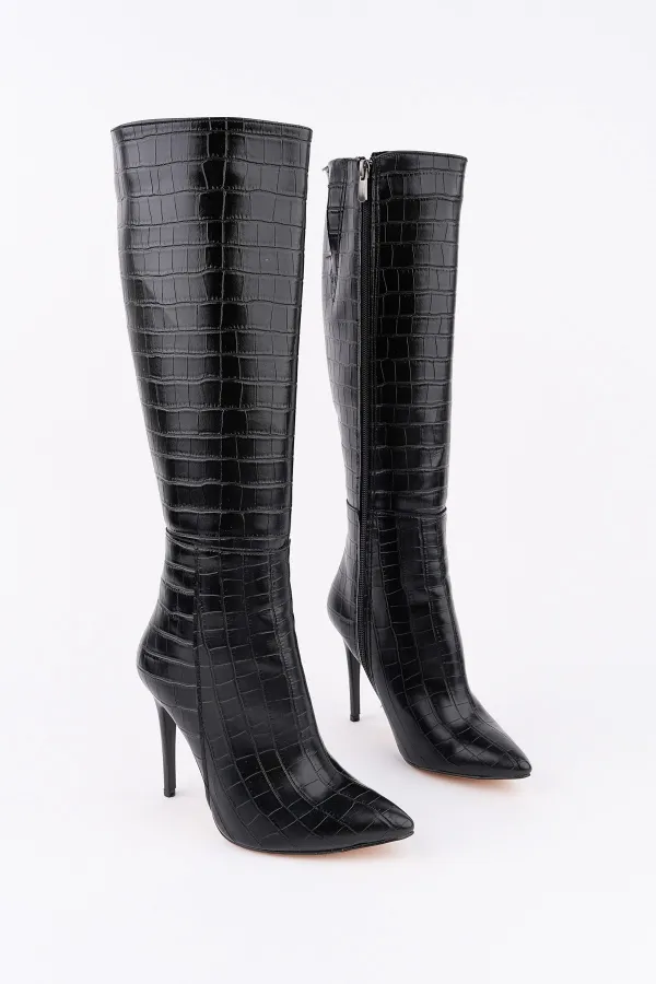 Muggo ZEST Crocodile Pattern Pointed Toe Zip-Up Thin Heel Women's Boots