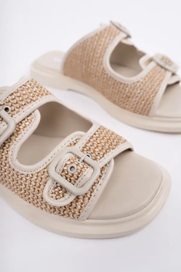 Muggo SARLE Çift Bantlı Ayarlanabilir Kemerli Kadın Günlük Hasır Terlik