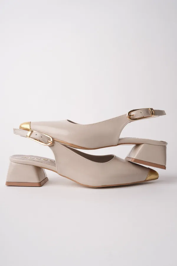 Chaussures à talons bas pour femmes Muggo CHANCE, bout pointu doré et talon ouvert à l'arrière, avec détail sur les orteils