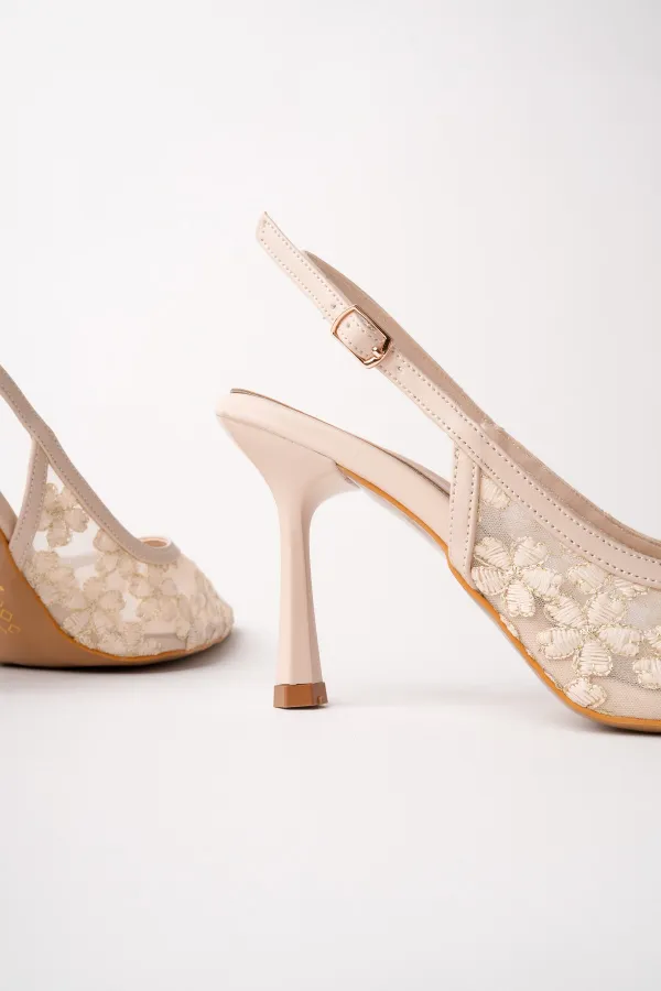 Chaussures habillées pour femmes Muggo ARIS à bout pointu et talon fin, ornées de dentelle