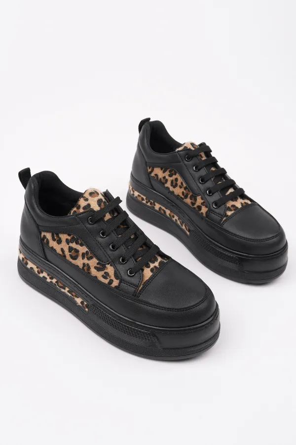 Muggo ZARİNA Kadın Kalın Taban Leopar Desenli Bağcıklı Günlük Sneaker Spor Ayakkabı