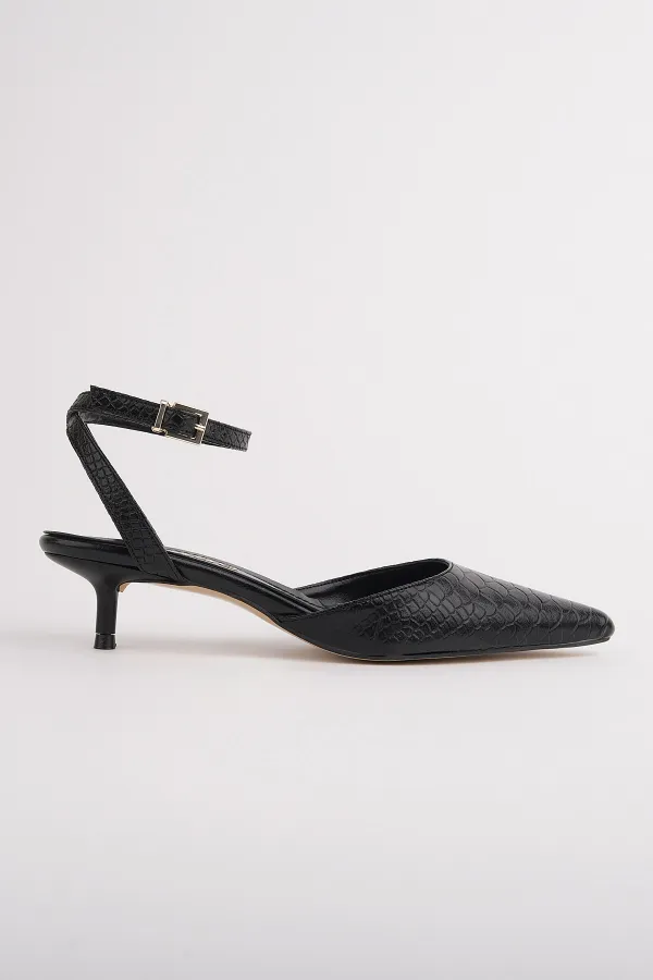 Muggo KICK Women's Crocodile Pattern Pointed Toe Thin Heel Ankle Strap Shoes