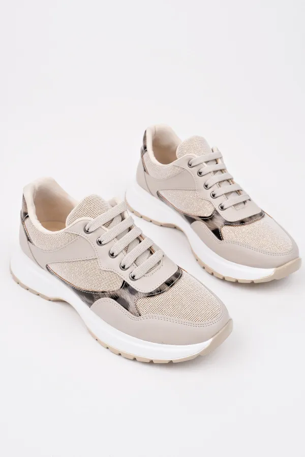 Muggo MELODY Kadın Kalın Taban Günlük Leopar Desenli Bağcıklı Sneaker Spor Ayakkabı