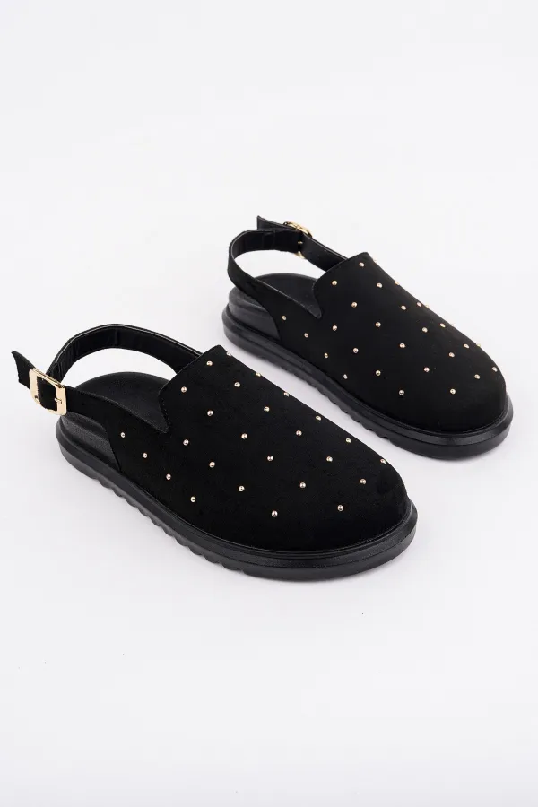 Muggo LİLOW Süet Deri Gold Zımbalı Ayarlanabilir Tokalı Günlük Rahat Önü Kapalı Kadın Sandalet